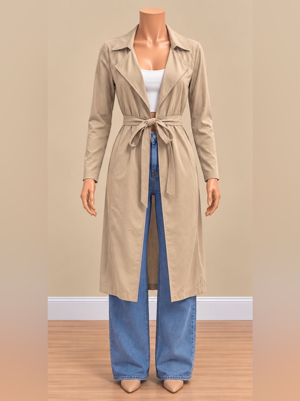 Aritzia Taupe Tan Longline Belted Wrap Trench Duster Coat S